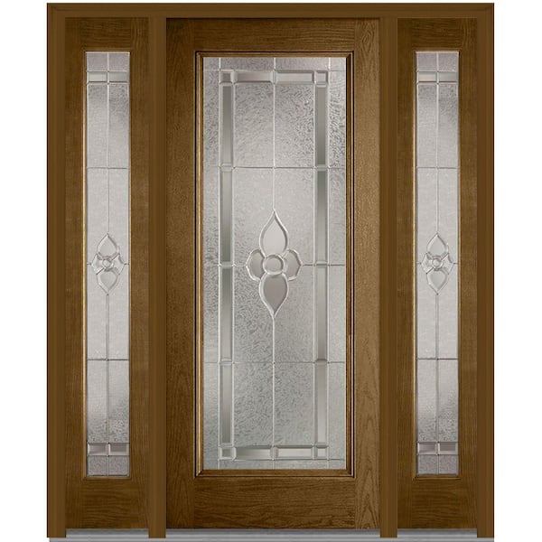 MMI Door 64 in. x 80 in. Master Nouveau Left-Hand Full Lite Decorative Stained Fiberglass Oak Prehung Front Door with Sidelites