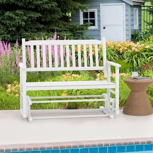 2 Seats Wood Outdoor Glider Bench with Armrests and Slatted Seat