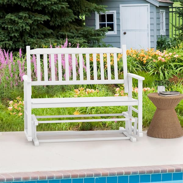 2 Seats Wood Outdoor Glider Bench with Armrests and Slatted Seat