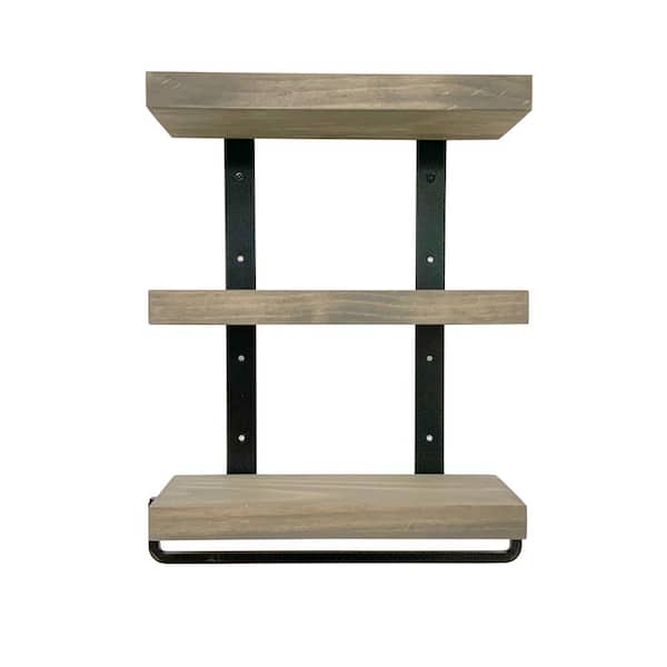 Unbranded Industrial 3-tier 5.5 in. x 16 in. x 23 in. Gray Pine Wood Floating Decorative Wall Shelf with Towel Bar