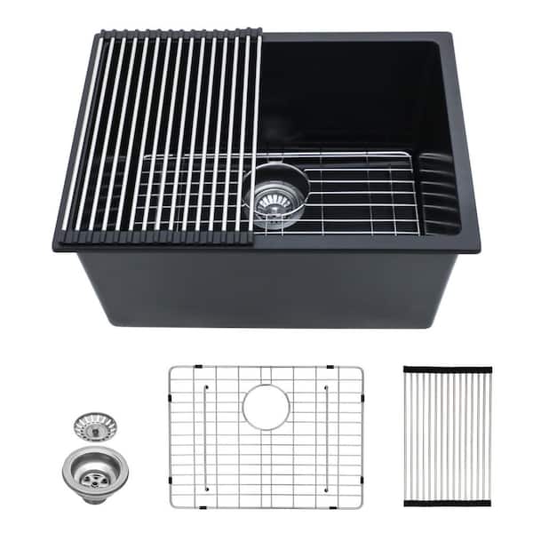 24 in. Undermount Black Granite Quartz Composite Single Bowl Kitchen Utility Sink with Bottom Grid and Drain Strainer