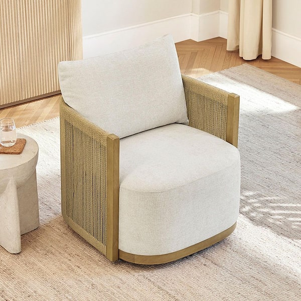 Alden Linen Fabric Swivel Mid Century Accent Chair Upholstered Arm Chair with Handwoven Rope for Living Room or Bedroom