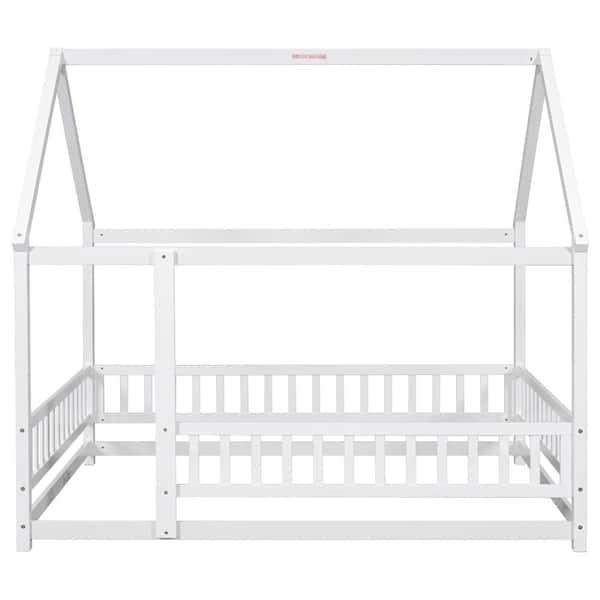 White Full Size Wood House Floor Bed with Fence Guardrails Playhouse Bed Frame Montessori House Bed for Kids