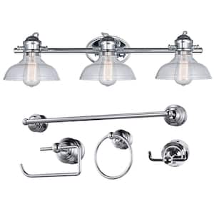 29.25 in. 3-Light Polished Chrome Bathroom Vanity Light Fixture Set with Towel Hooks, Robe Hook, and Toilet Paper Holder