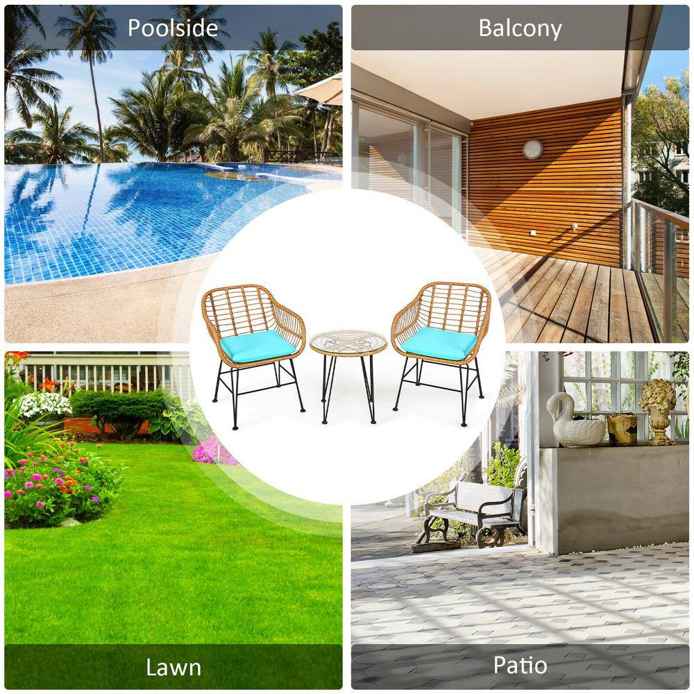 Turquoise Cushioned Rattan Armchair Set with Glass Table