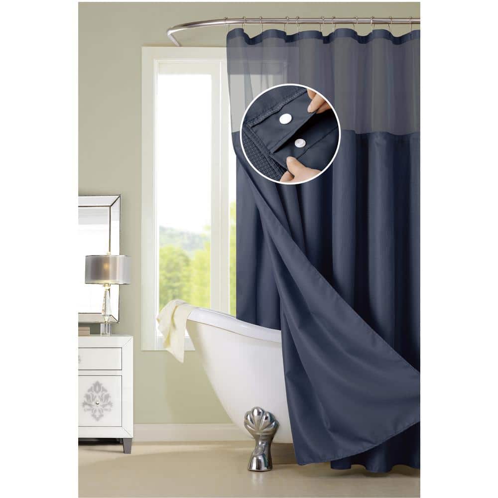 Hotel Complete 72 in. Navy Blue Textured Waffle Shower Curtain with Detacha