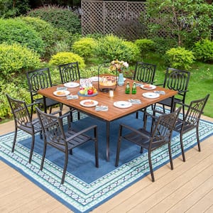Black 9-Piece Metal Outdoor Patio Dining Set with Wood Finish Slat Square Table and Fashion Stackable Chairs