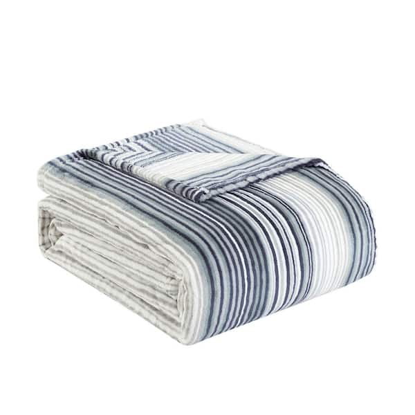 Tommy Bahama Sandy Shores 1-Piece Gray Striped Plush Microfiber Twin Blanket