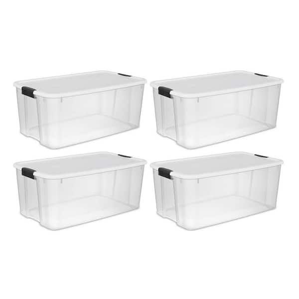 Set of 4 Large Storage Containers 105 Quart Clear Plastic Totes Latching Lids 