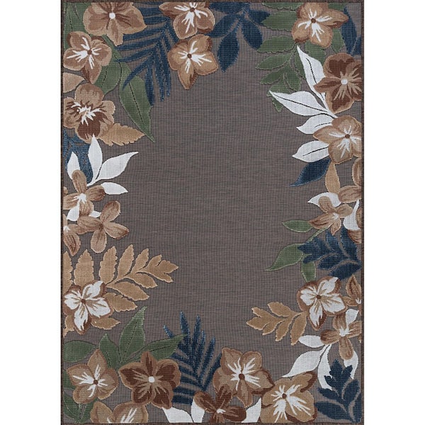 Eden 9 ft. x 12 ft. Brown  Washable Border Floral Indoor Outdoor Area Rug