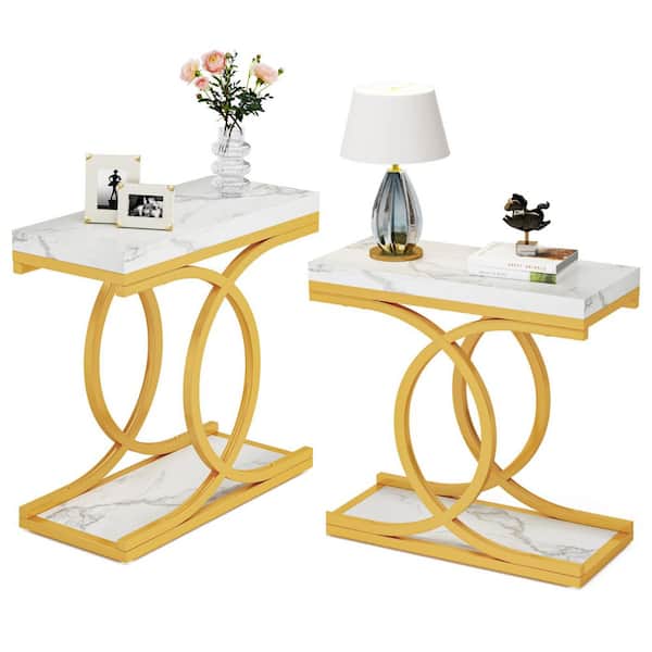TRIBESIGNS WAY TO ORIGIN Andrea 23.6 in. White Gold Rectangle Wood End Table Set of 2, Modern Faux Marble Side Table with Metal Geometric Base
