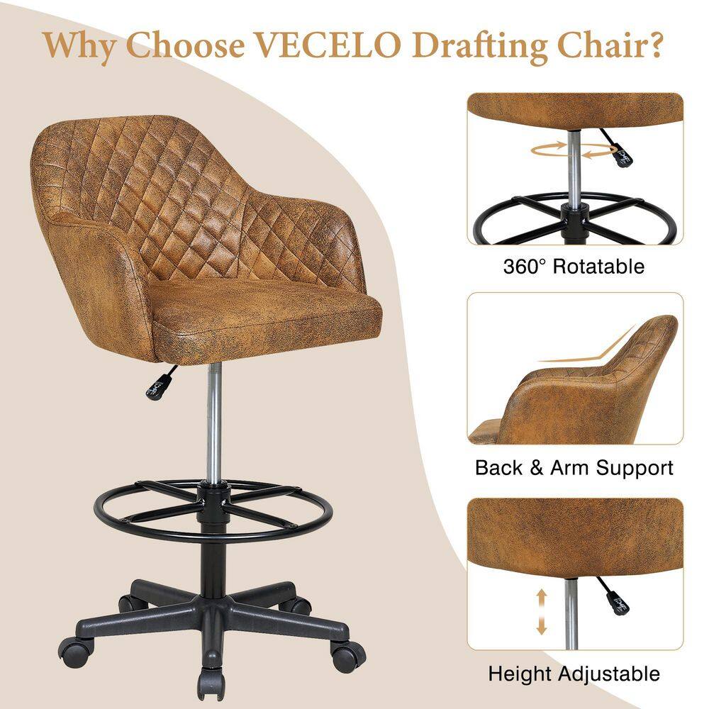 Faux Leather Swivel Drafting Chair with Adjustable Height and Lumbar Support for Home Office Office Stool, Brown - Thumbnail 3