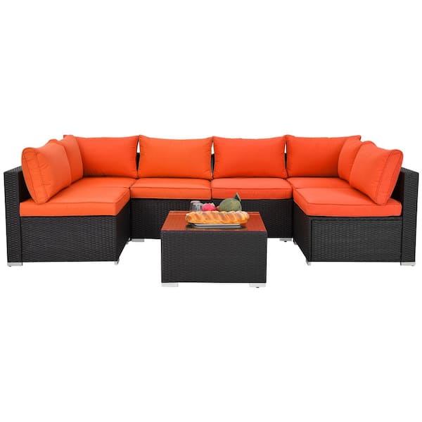 Kadehome Black Frame 7-Piece Various Combination Wicker Patio Conversation Set with Glass Top Coffee Table and Orange Cushions