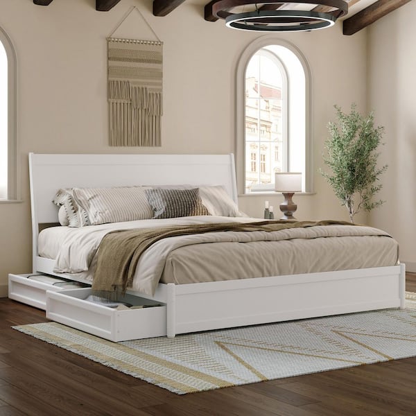 AFI Casanova White Solid Wood Frame King Platform Bed with Panel Footboard and Storage Drawers