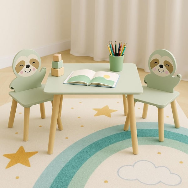 Modern 3-Piece Wood Top Toddler Table and Chair Set with Sloth Backrests, Natural Wood and Sage Green