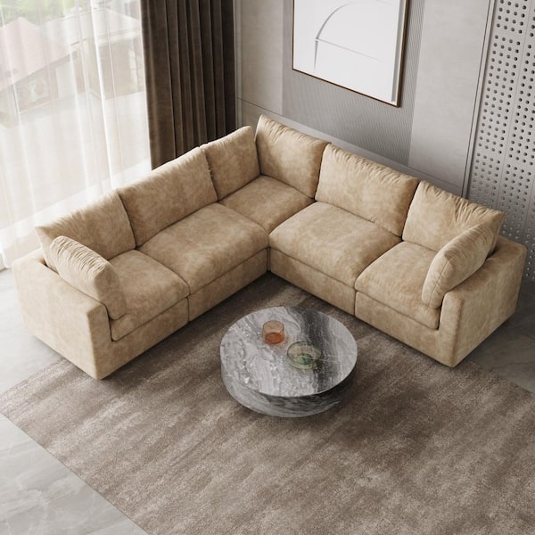 100.5 in. Square Arm Chenille Couch Modular Free Combination Sectional Sofa in Light Brown 5 Piece