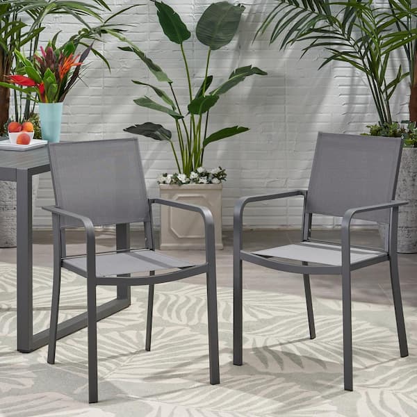 カナダ 1/10on Gray Aluminium Modern Outdoor Dining Chairs with Mesh Seat Patio