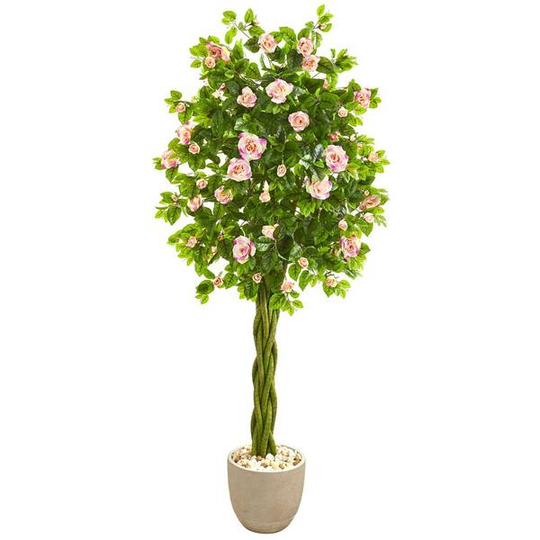 Nearly Natural 6 ft. Rose Artificial Tree in Sand Stone Planter