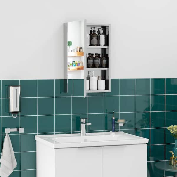 Unbranded Silver 15 in. W x 24 in. H Rectangle Wall-Mounted Mirror with Storage Cabinet and Hinged Door, for Bathroom Laundry Room