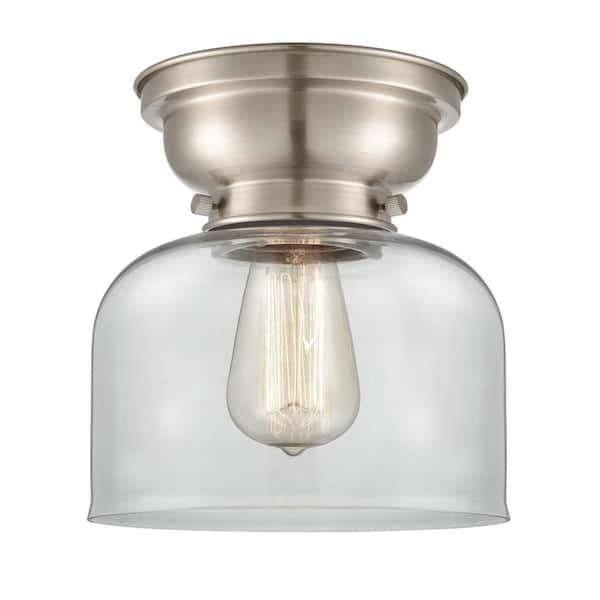 Innovations Bell 8 in. 1-Light Brushed Satin Nickel, Clear Flush Mount with Clear Glass Shade