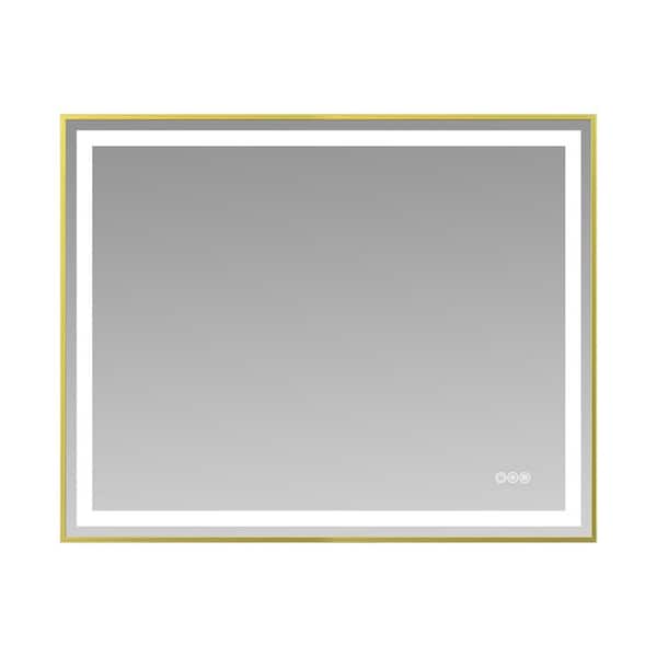 40 in. W x 32 in. H Rectangle Framed LED Anti-Fog Wall Bathroom Vanity Mirror in Gold