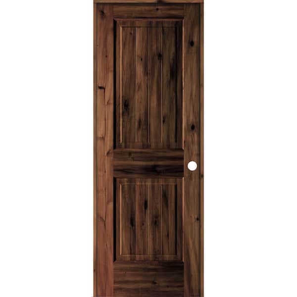 Krosswood Doors 28 in. x 80 in. Knotty Alder 2 Panel Left-Hand Square Top V-Groove Red Mahogany Stain Wood Single Prehung Interior Door