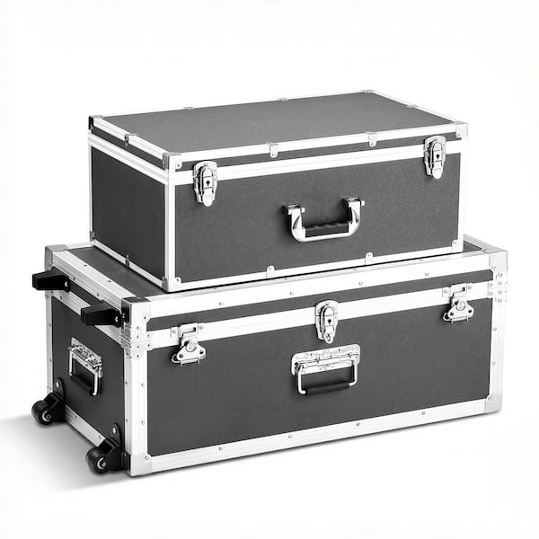 Set of 2 Metal Storage Trunks, Wooden Boxes with 30.04 in. Gray Backpack, Casters & 3 Handles, Decorative Chest