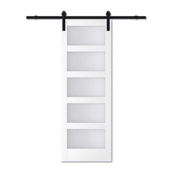 ARK DESIGN 30 in. x 84 in. 5-Equal Lites with Frosted Glass White MDF Interior Sliding Barn Door with Hardware Kit