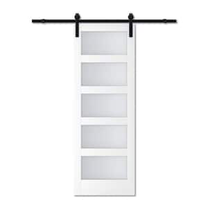 30 in. x 84 in. 5-Equal Lites with Frosted Glass White MDF Interior Sliding Barn Door with Hardware Kit with Soft Close