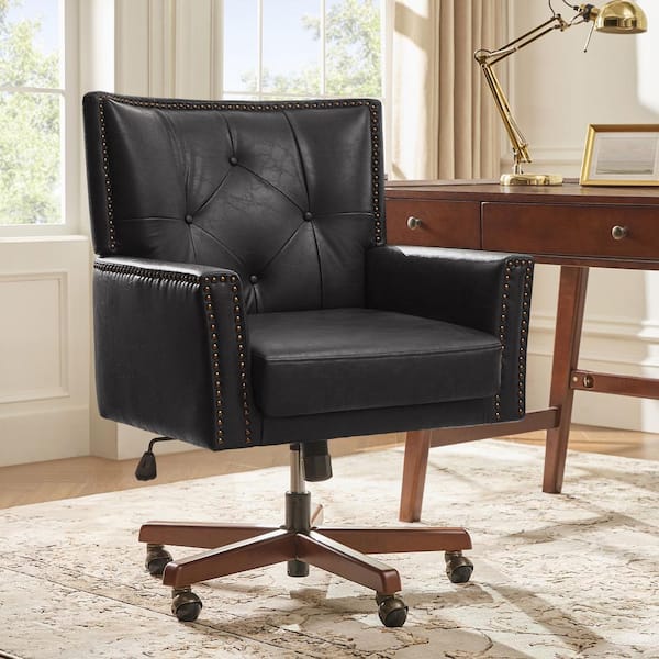 Michelle Faux Leather Transitional Office Chair in Black with Solid Wood Legs