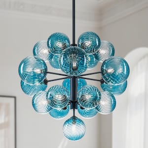 19-Light Black1 Modern Blue Glass Globe Chandelier,22'' Mid-Century Pendant Light for Living Room, Kitchen Island, Dining