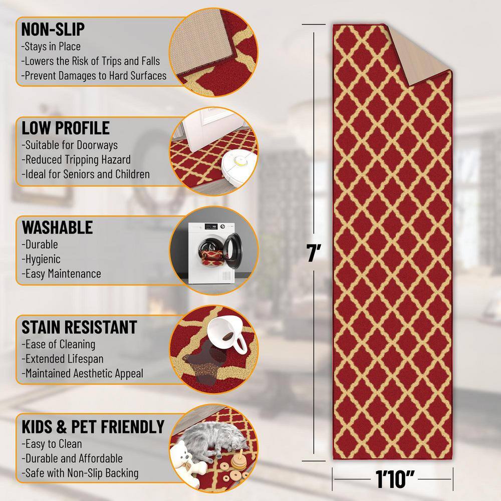 Red Trellis Design Washable Non-Slip Runner Rug