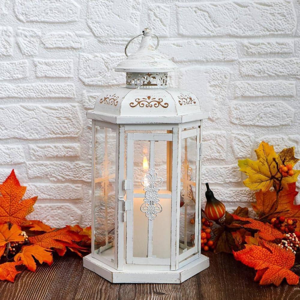 12 in. x 6 in. White Metal Vintage Lantern without Candle