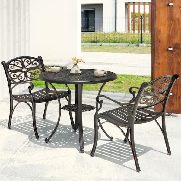Black with Gold-Painted Edges 3-Piece Cast Aluminum Round Outdoor Bistro Set with 2 in. Umbrella Hole
