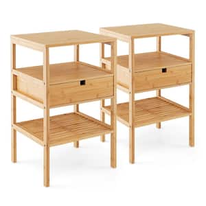 Natural 1 Pull-out Drawer Bamboo Nightstands Set of 2 w/Storage Shelf Wood