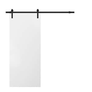 0010 18 in. x 80 in. Flush White Finished Wood Sliding Barn Door with Hardware Kit Black