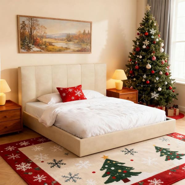 Ahokua Beige Plywood Frame King Size Linen Upholstered Platform Bed with Lifting Storage