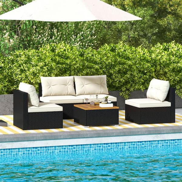 5-Piece Outdoor Metal Patio Conversation Set with Solid Tabletop and Off White Cushions