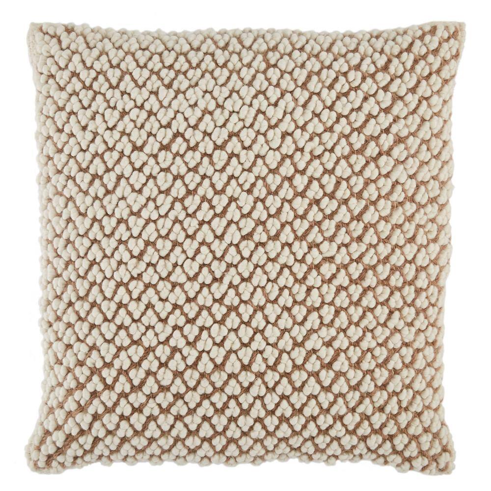 Tan and Ivory Wool Embroidered Square Throw Pillow