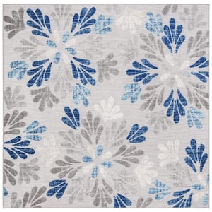 Cabana Gray/Blue 4 ft. x 4 ft. Geometric Floral Indoor/Outdoor Patio  Square Area Rug
