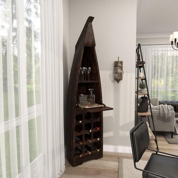 Litton Lane 12-Bottle Brown Boat Standing Wine Rack with Foldable Tray