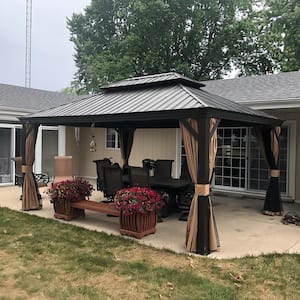 12 ft.x 16 ft.Bronze Aluminum Power-Coated Frame Galvanized Steel Double Roof Hardtop Gazebo,Hooks,Netting,Khaki Curtain