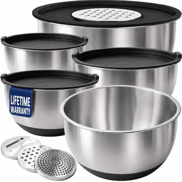 Stainless Steel Mixing Bowls Set with Lids, 3 Grater Attachments, Non-Slip Silicone Base, 1.5-5 qt. Black