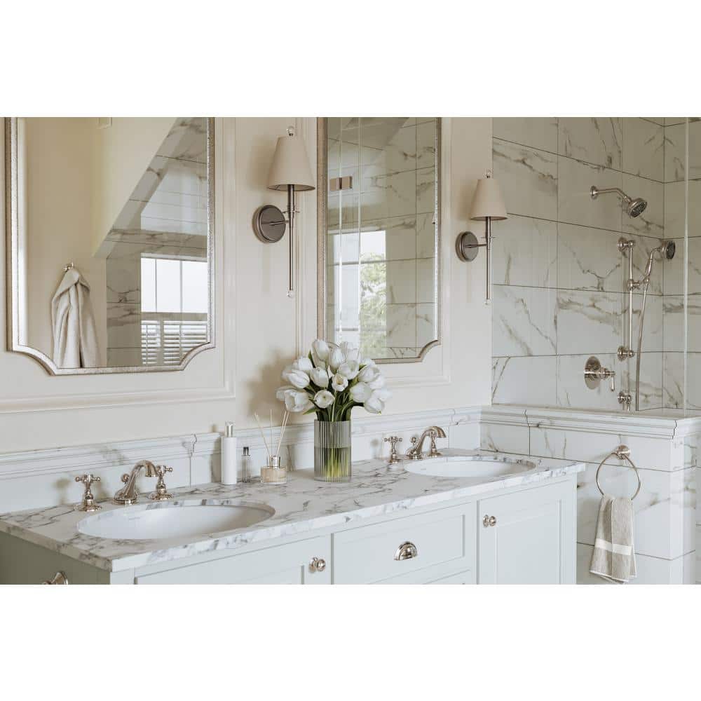 Polished Nickel Widespread Bathroom Faucet with Porcelain Handles