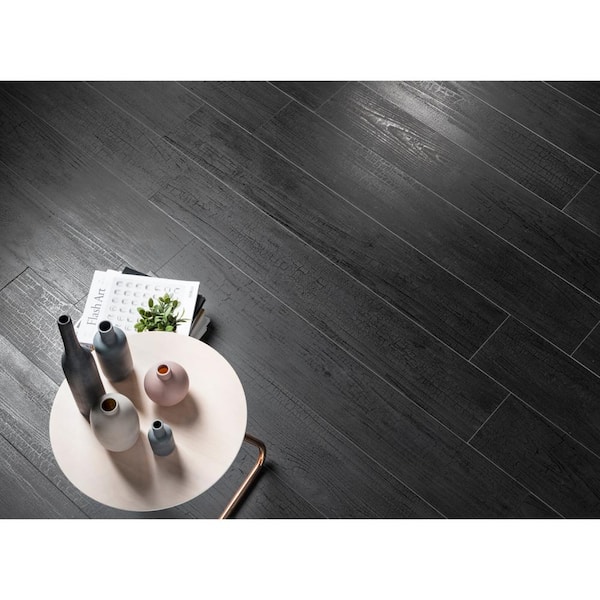 EMSER TILE Yakedo Black 7.76 in. x 46.89 in. Matte Porcelain Wood