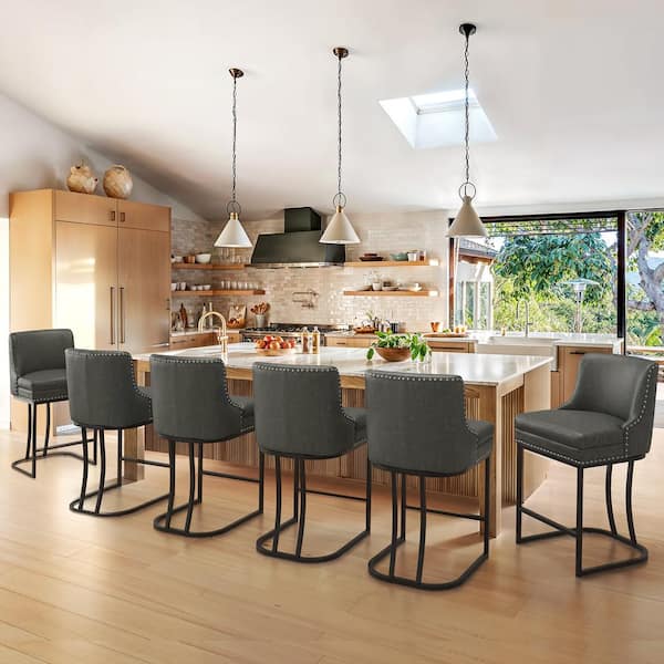 LUE BONA Aurora 26 in. Black Gray Faux Leather Upholstered Counter Height Bar Stool with Double Cushion Bar Stool Set of 6