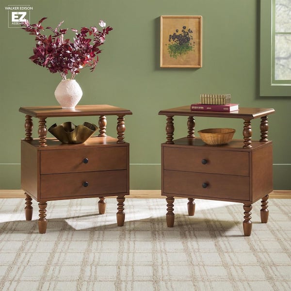 Modern Farmhouse Easy Assembly Dark Brown 2-Drawer 22 in. W Solid Wood Spindle-Detailing Nightstand, Set of 2