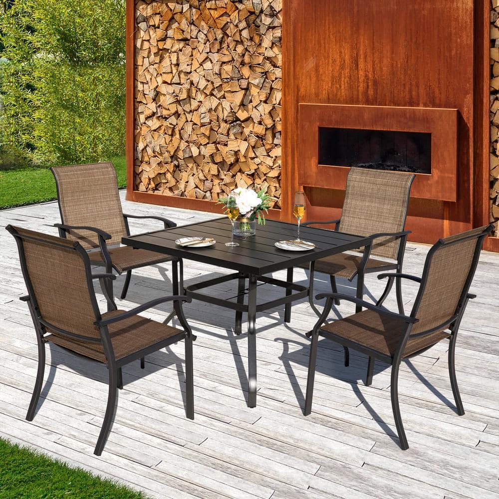 Black and Brown Steel Frame Outdoor Dining Chairs with Armrests