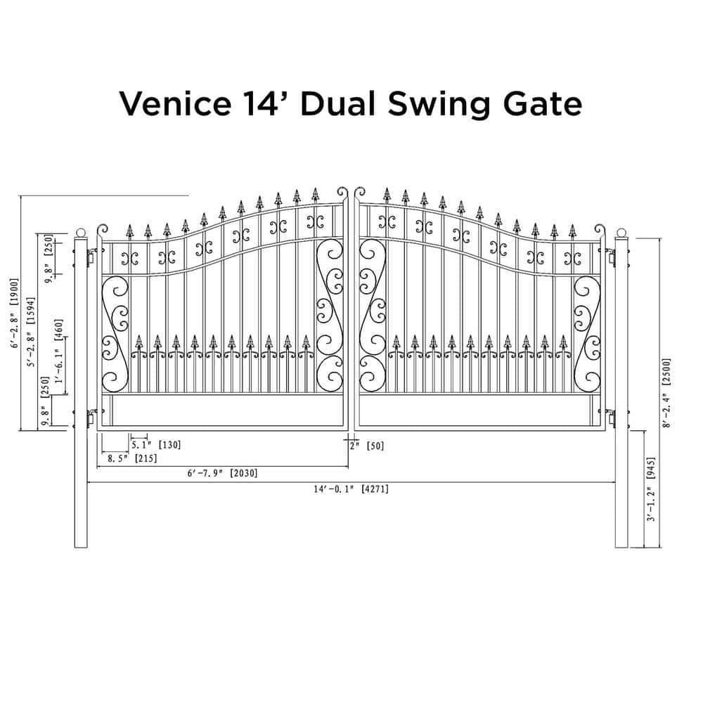 Venice Style Black Steel Dual Swing Driveway Gate 14 x 6 Feet