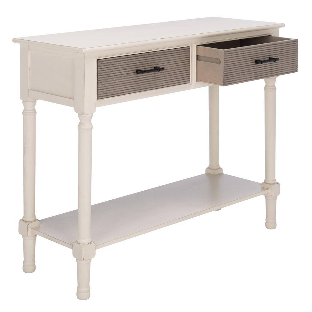 Distressed White and Greige 2-Drawer Console Table with Storage